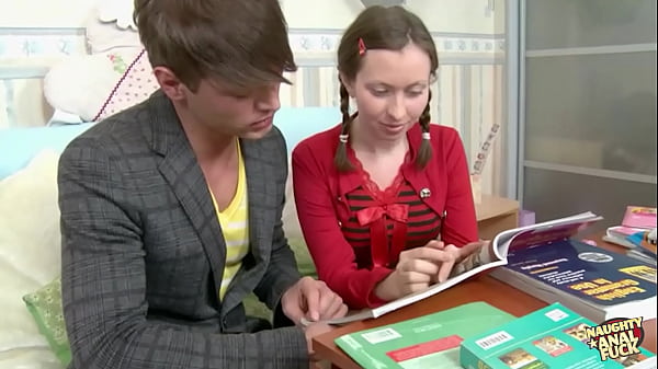 Brunette and study partner got bored and horny so they breed anal style on couch