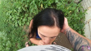 Public Cum Swallow Behind Garages During the Walk – POV