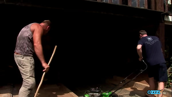 Two gardeners take a break from work to spitroast a sexy Asian teen