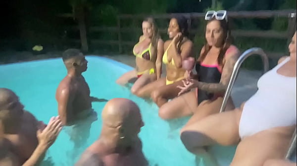 Pool of orgy: multiple whores fucking till nightfall